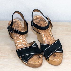 Sam Edelman - Black Heeled Wedge Wood Sandals